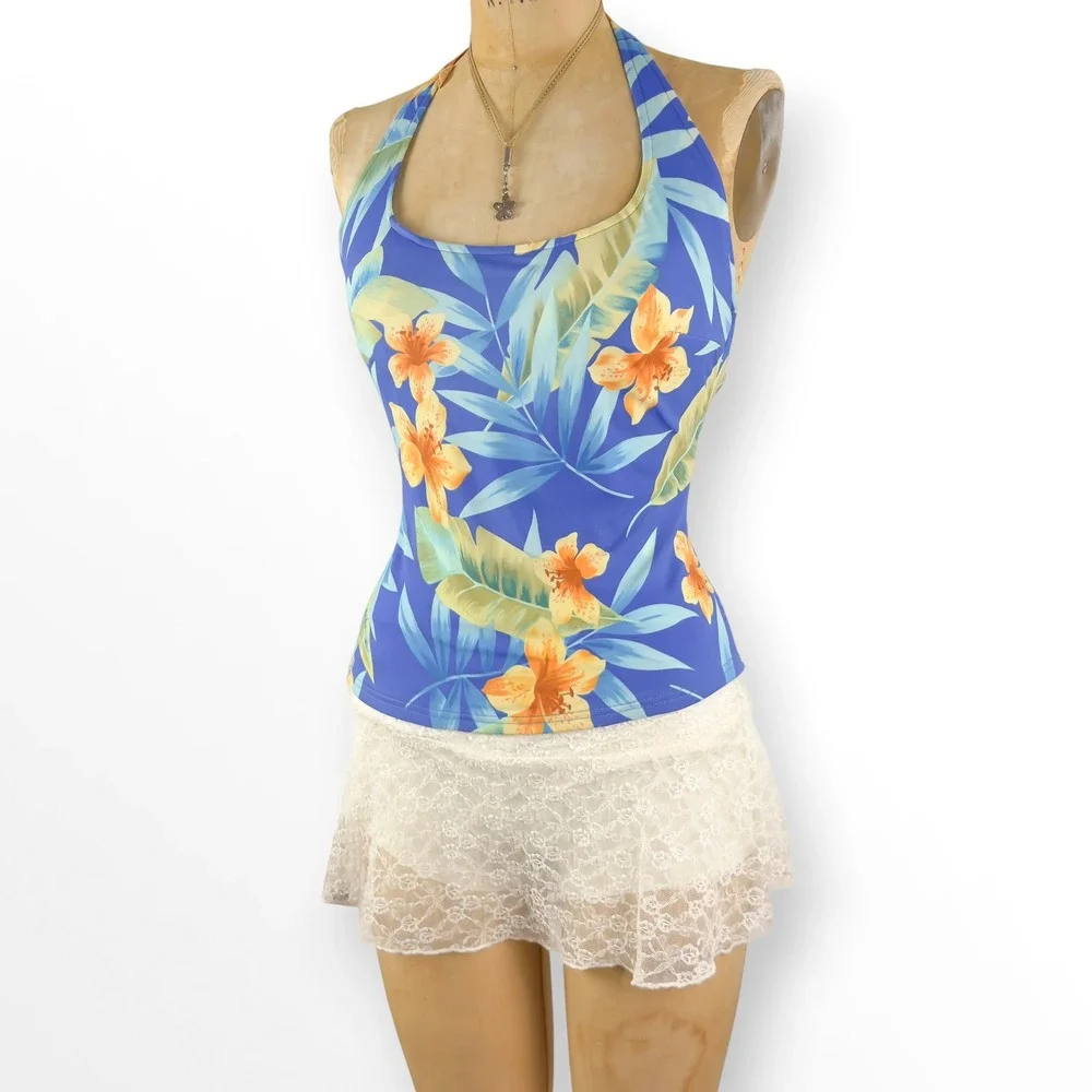 Vintage Y2K Tropical Floral Swim Halter Top Hibiscus Open Back Coconut Girl Sz L